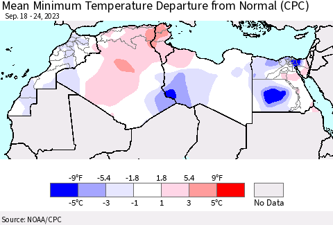 North Africa Mean Minimum Temperature Departure from Normal (CPC) Thematic Map For 9/18/2023 - 9/24/2023
