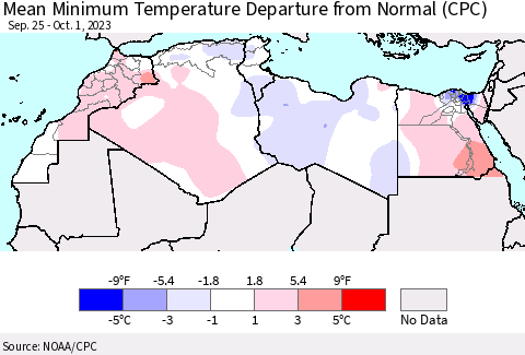 North Africa Mean Minimum Temperature Departure from Normal (CPC) Thematic Map For 9/25/2023 - 10/1/2023