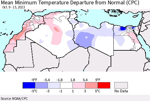 North Africa Mean Minimum Temperature Departure from Normal (CPC) Thematic Map For 10/9/2023 - 10/15/2023