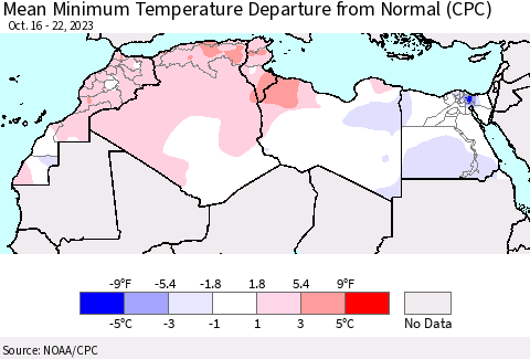 North Africa Mean Minimum Temperature Departure from Normal (CPC) Thematic Map For 10/16/2023 - 10/22/2023