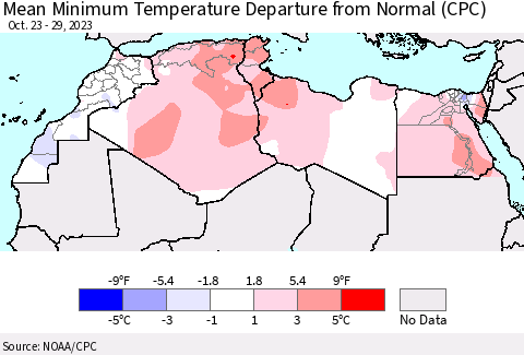 North Africa Mean Minimum Temperature Departure from Normal (CPC) Thematic Map For 10/23/2023 - 10/29/2023