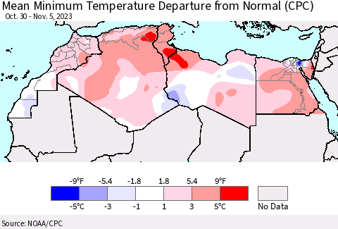 North Africa Mean Minimum Temperature Departure from Normal (CPC) Thematic Map For 10/30/2023 - 11/5/2023