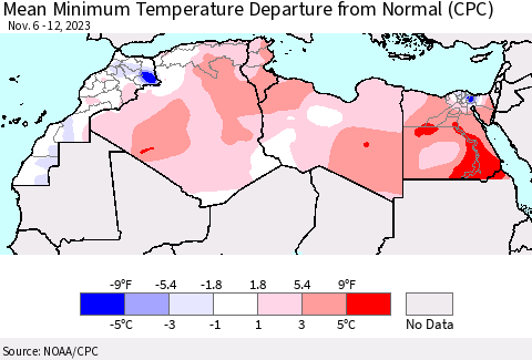 North Africa Mean Minimum Temperature Departure from Normal (CPC) Thematic Map For 11/6/2023 - 11/12/2023