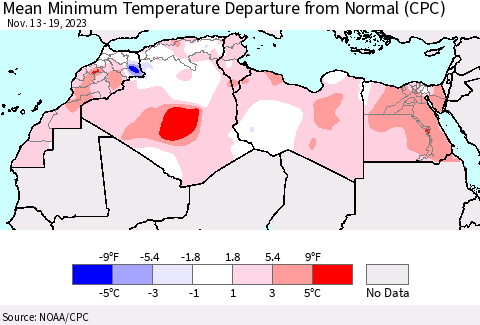 North Africa Mean Minimum Temperature Departure from Normal (CPC) Thematic Map For 11/13/2023 - 11/19/2023