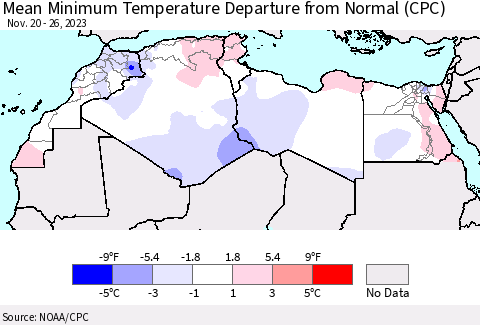 North Africa Mean Minimum Temperature Departure from Normal (CPC) Thematic Map For 11/20/2023 - 11/26/2023