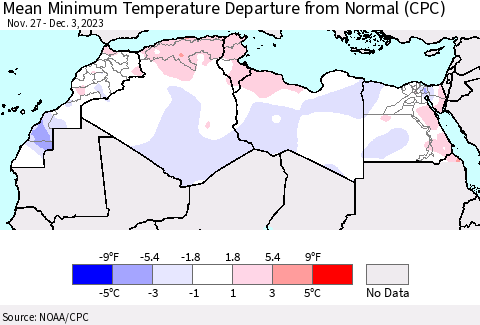 North Africa Mean Minimum Temperature Departure from Normal (CPC) Thematic Map For 11/27/2023 - 12/3/2023