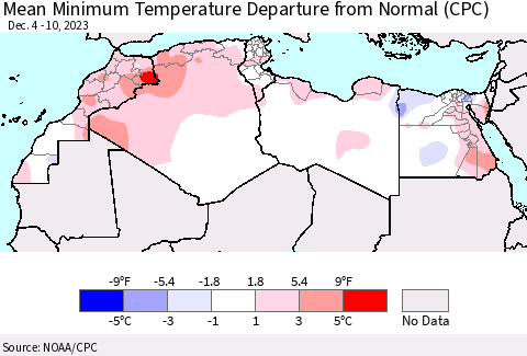 North Africa Mean Minimum Temperature Departure from Normal (CPC) Thematic Map For 12/4/2023 - 12/10/2023