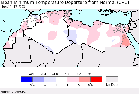 North Africa Mean Minimum Temperature Departure from Normal (CPC) Thematic Map For 12/11/2023 - 12/17/2023
