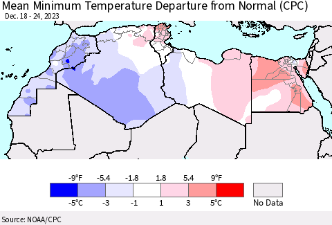 North Africa Mean Minimum Temperature Departure from Normal (CPC) Thematic Map For 12/18/2023 - 12/24/2023