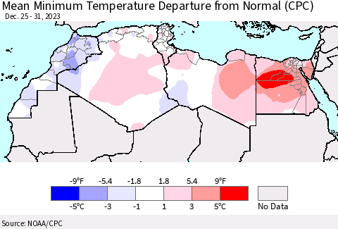 North Africa Mean Minimum Temperature Departure from Normal (CPC) Thematic Map For 12/25/2023 - 12/31/2023