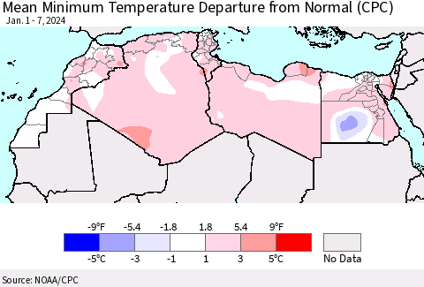 North Africa Mean Minimum Temperature Departure from Normal (CPC) Thematic Map For 1/1/2024 - 1/7/2024