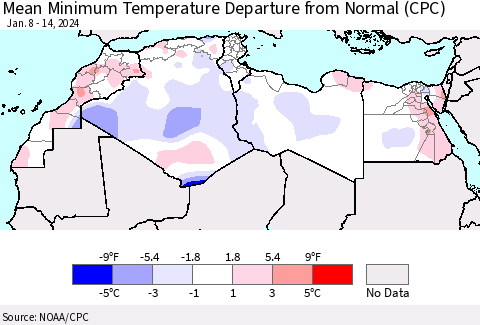 North Africa Mean Minimum Temperature Departure from Normal (CPC) Thematic Map For 1/8/2024 - 1/14/2024