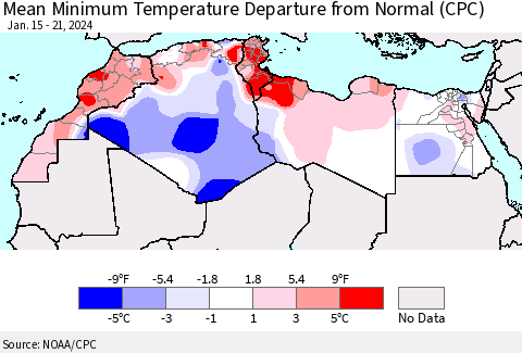 North Africa Mean Minimum Temperature Departure from Normal (CPC) Thematic Map For 1/15/2024 - 1/21/2024