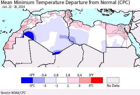 North Africa Mean Minimum Temperature Departure from Normal (CPC) Thematic Map For 1/22/2024 - 1/28/2024