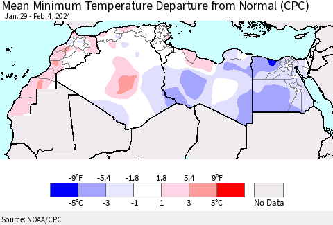 North Africa Mean Minimum Temperature Departure from Normal (CPC) Thematic Map For 1/29/2024 - 2/4/2024