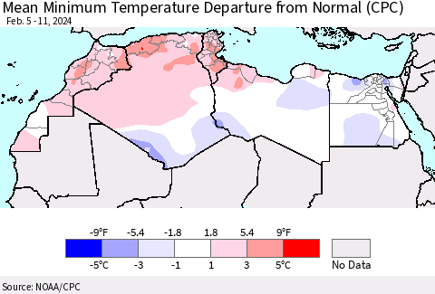 North Africa Mean Minimum Temperature Departure from Normal (CPC) Thematic Map For 2/5/2024 - 2/11/2024