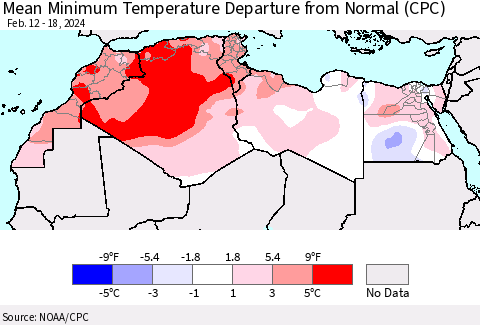 North Africa Mean Minimum Temperature Departure from Normal (CPC) Thematic Map For 2/12/2024 - 2/18/2024