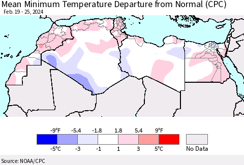 North Africa Mean Minimum Temperature Departure from Normal (CPC) Thematic Map For 2/19/2024 - 2/25/2024