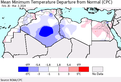 North Africa Mean Minimum Temperature Departure from Normal (CPC) Thematic Map For 2/26/2024 - 3/3/2024