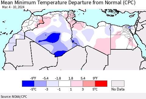 North Africa Mean Minimum Temperature Departure from Normal (CPC) Thematic Map For 3/4/2024 - 3/10/2024