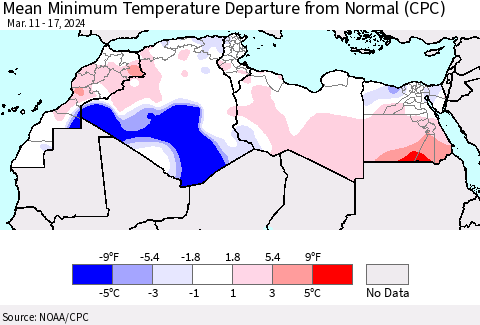 North Africa Mean Minimum Temperature Departure from Normal (CPC) Thematic Map For 3/11/2024 - 3/17/2024