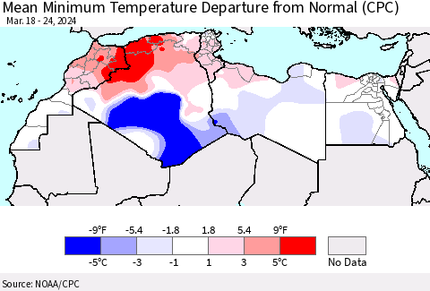North Africa Mean Minimum Temperature Departure from Normal (CPC) Thematic Map For 3/18/2024 - 3/24/2024