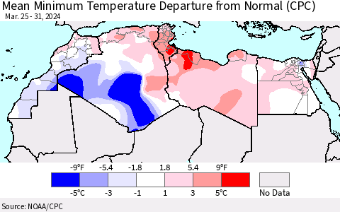 North Africa Mean Minimum Temperature Departure from Normal (CPC) Thematic Map For 3/25/2024 - 3/31/2024