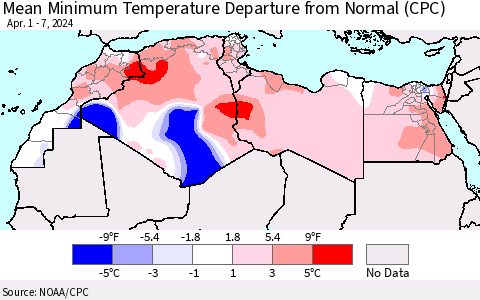 North Africa Mean Minimum Temperature Departure from Normal (CPC) Thematic Map For 4/1/2024 - 4/7/2024