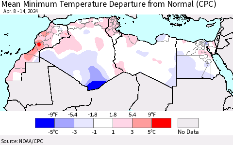 North Africa Mean Minimum Temperature Departure from Normal (CPC) Thematic Map For 4/8/2024 - 4/14/2024