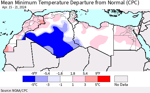 North Africa Mean Minimum Temperature Departure from Normal (CPC) Thematic Map For 4/15/2024 - 4/21/2024