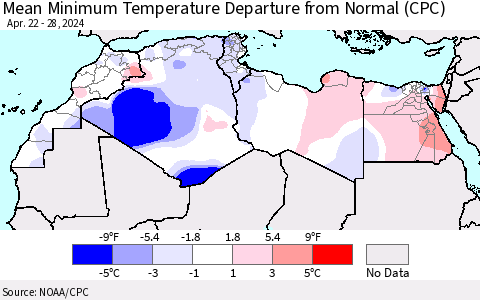 North Africa Mean Minimum Temperature Departure from Normal (CPC) Thematic Map For 4/22/2024 - 4/28/2024