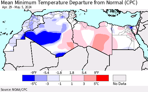 North Africa Mean Minimum Temperature Departure from Normal (CPC) Thematic Map For 4/29/2024 - 5/5/2024