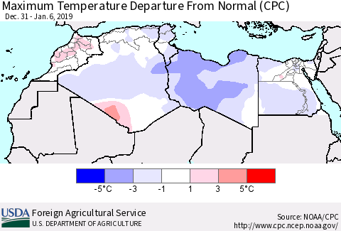North Africa Mean Maximum Temperature Departure from Normal (CPC) Thematic Map For 12/31/2018 - 1/6/2019