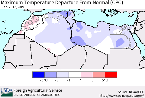 North Africa Mean Maximum Temperature Departure from Normal (CPC) Thematic Map For 1/7/2019 - 1/13/2019