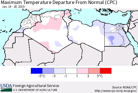 North Africa Mean Maximum Temperature Departure from Normal (CPC) Thematic Map For 1/14/2019 - 1/20/2019