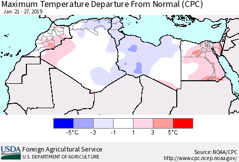 North Africa Mean Maximum Temperature Departure from Normal (CPC) Thematic Map For 1/21/2019 - 1/27/2019