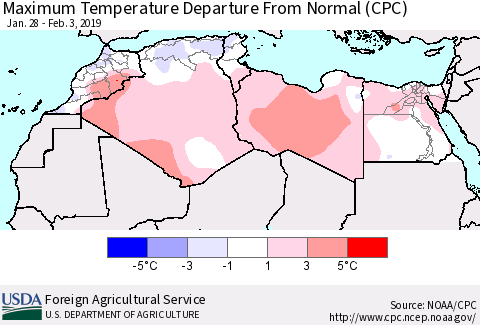 North Africa Mean Maximum Temperature Departure from Normal (CPC) Thematic Map For 1/28/2019 - 2/3/2019