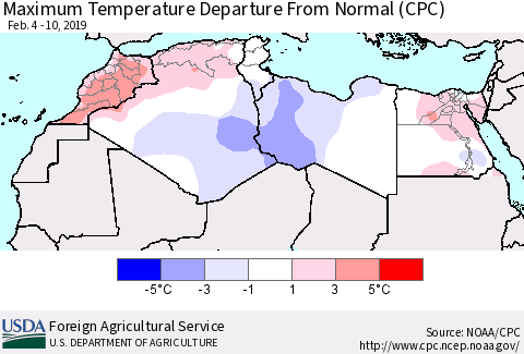 North Africa Mean Maximum Temperature Departure from Normal (CPC) Thematic Map For 2/4/2019 - 2/10/2019