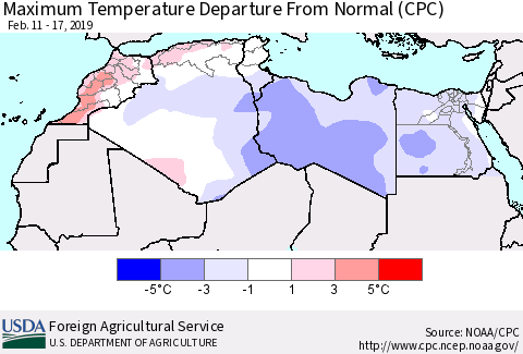 North Africa Mean Maximum Temperature Departure from Normal (CPC) Thematic Map For 2/11/2019 - 2/17/2019