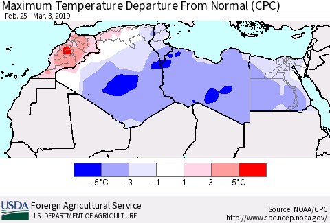 North Africa Mean Maximum Temperature Departure from Normal (CPC) Thematic Map For 2/25/2019 - 3/3/2019