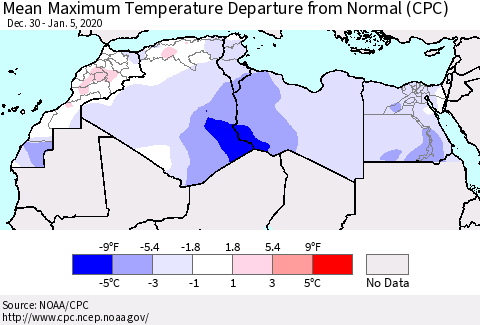 North Africa Mean Maximum Temperature Departure from Normal (CPC) Thematic Map For 12/30/2019 - 1/5/2020