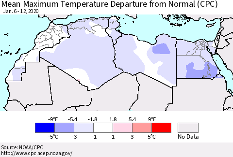 North Africa Mean Maximum Temperature Departure from Normal (CPC) Thematic Map For 1/6/2020 - 1/12/2020