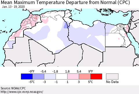 North Africa Mean Maximum Temperature Departure from Normal (CPC) Thematic Map For 1/13/2020 - 1/19/2020