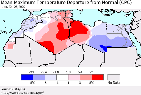 North Africa Mean Maximum Temperature Departure from Normal (CPC) Thematic Map For 1/20/2020 - 1/26/2020