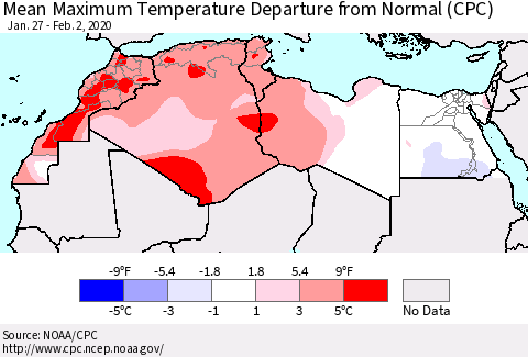 North Africa Mean Maximum Temperature Departure from Normal (CPC) Thematic Map For 1/27/2020 - 2/2/2020