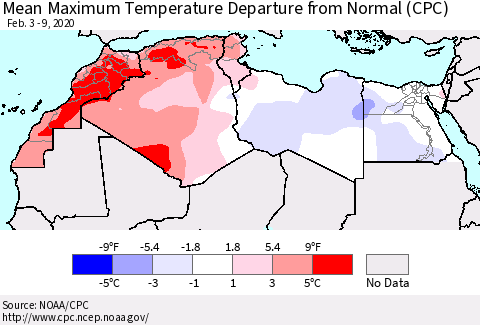 North Africa Mean Maximum Temperature Departure from Normal (CPC) Thematic Map For 2/3/2020 - 2/9/2020