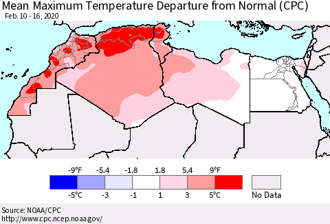 North Africa Mean Maximum Temperature Departure from Normal (CPC) Thematic Map For 2/10/2020 - 2/16/2020