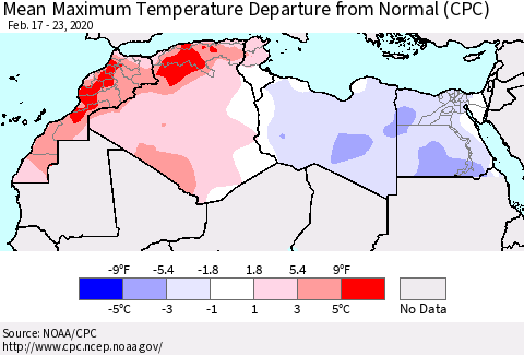 North Africa Mean Maximum Temperature Departure from Normal (CPC) Thematic Map For 2/17/2020 - 2/23/2020