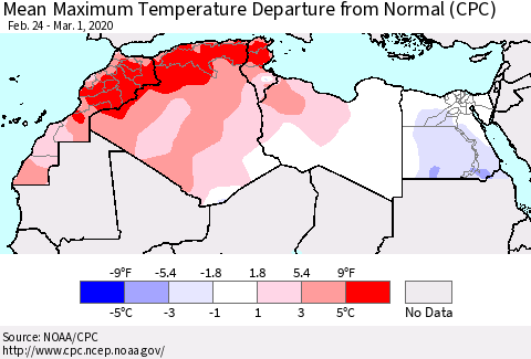 North Africa Mean Maximum Temperature Departure from Normal (CPC) Thematic Map For 2/24/2020 - 3/1/2020