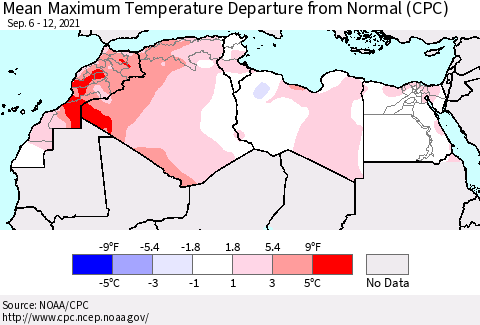 North Africa Mean Maximum Temperature Departure from Normal (CPC) Thematic Map For 9/6/2021 - 9/12/2021